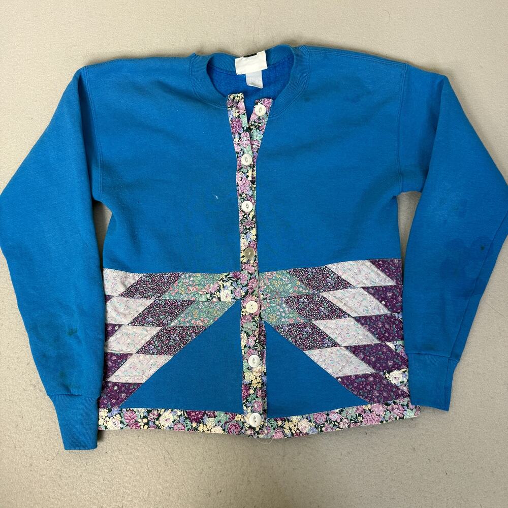 Vintage Lee Womens M Blue Floral Quilt Patchwork Cardigan Sweatshirt USA Made
